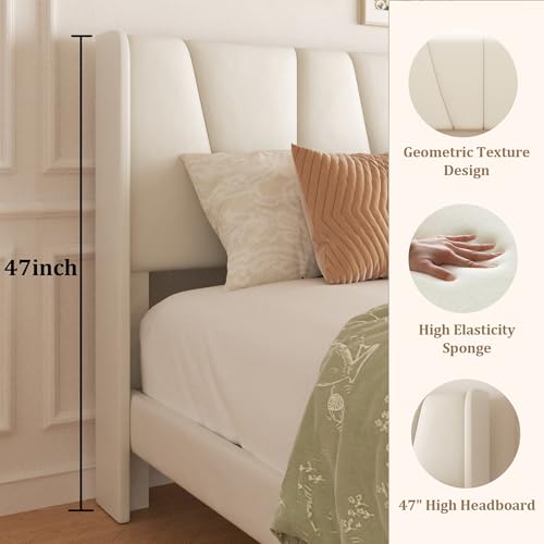 Full Bed Frame with Storage Drawers, Velvet Upholstered Full Size Platform Bed with 47" Tall Headboard and Wingboard, No Box Spring Needed, Noise Free, Easy Assembly, Wooden Support Slats, Beige viplov