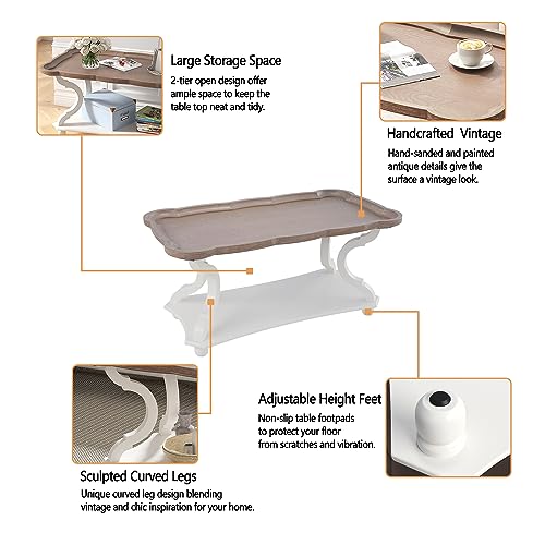 Function Home Farmhouse Coffee Table, Modern Cocktail Table with Storage Shelf, Sofa Table with Natural Tray Top and Carved Legs for Living Room, Bedroom, Dining Room in Vintage White Function Home