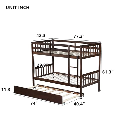 Bellemave Twin Over Twin Bunk Bed with Trundle,Convertible Bunk Beds with Ladder & Safety Guardrails,Twin Size Bunk Beds for Kids Girls Boys,Espresso Bellemave