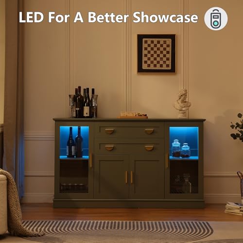 FOREST GRAVITY 58.27'' Buffet Cabinet with 2 Drawers and Adjustable Shelves,Large Glass Door Coffee Bar Cabinet,Modern Farmhouse Sideboard Credenza for Kitchen,Green FOREST GRAVITY