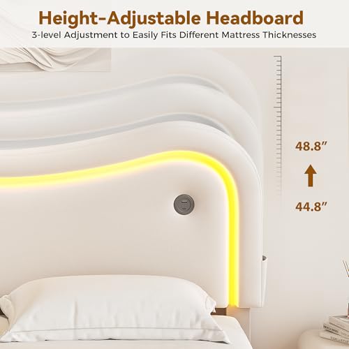 MapleGrace Full Size Floating Bed Frame with LED Lights, Velvet Upholstered Bed Frame with Headboard, Rounded Corners, Charging Station, No Box Spring Needed, Easy Assembly, White MapleGrace