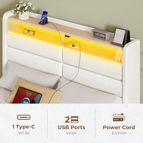 Seventable Twin Size Bed Frame with 3 Storage Drawers & Charging Station, Upholstered Platform Bed with Storage Headboard and LED Light, No Box Spring Needed, Noise Free, Easy Assembly, Cream White Seventable