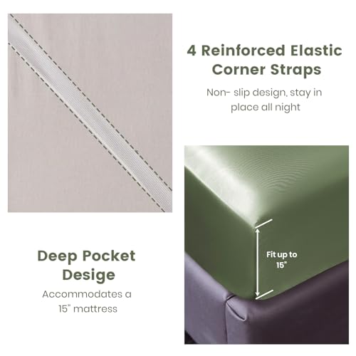 Revdomfly 4 Pcs Queen Size Luxury Silky Soft Olive Green Satin Sheet Set,1 Premium Moisture Wicking Fitted Sheet Fits Up to 16 Inches Deep Pocket + 1 Flat Sheet + 2 Pillowcases(Olive Green, Queen) Revdomfly
