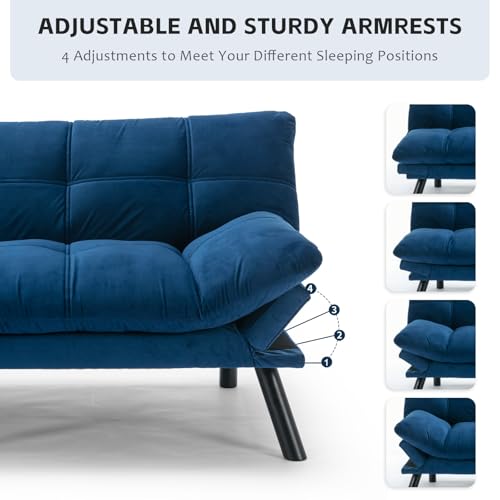 SoarFlash 67 Inch Futon Double Sofa Bed, 2 in 1 Velvet Loveseat Sofa with Adjustable Backrest for Living Room Bedroom Office Apartment Compact Couch(Blue) SoarFlash