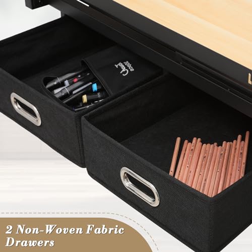 Athena Collection Drafting Table for Artists, Height Adjustable Drawing Table, Dual Desktop Art Desk Metal Frame Art Table Tiltable Craft Desk Paintings Work Station with Stool and Drawers, Natural Athena Collection