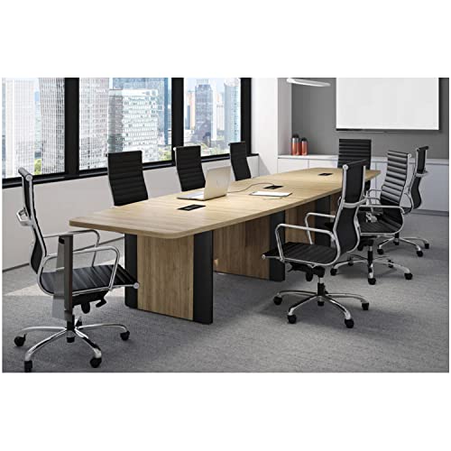 Saranya 18 Shop 10 FT Natural Aspen Modern Boat Shaped Conference Table Hide Wires Inside Elliptical Metal Legs Grommets Racetrack Meeting Room Boardroom Desk Office Wood 2 Power Data Modules Black Generic