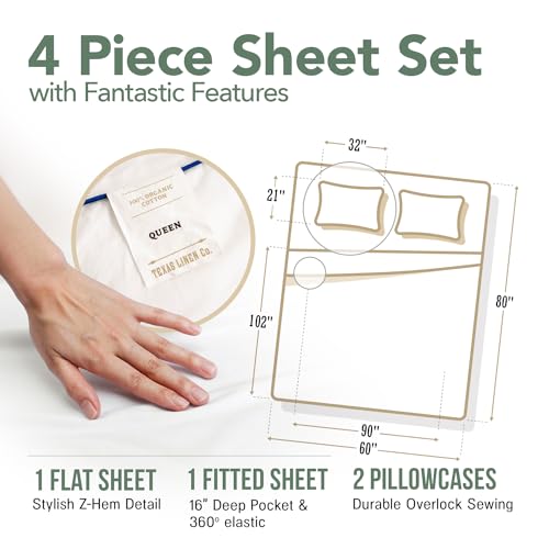 TEXAS LINEN CO. 100% Organic Cotton Sheets Queen Size - 4 PC Organic Cotton Queen Size Percale Weave Sheet Set, Soft, Cooling, Crisp & Breathable, 16" Deep Pocket Hotel Quality Bedding Set - White
