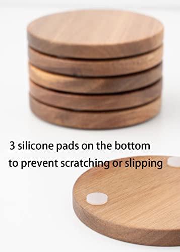 Wood Coasters for Drinks Tabletop Protection with Holder Set of 6, Acacia Wooden Coasters for Coffee Table Dining Table Desk Round with Non-Slip Pad Cup Coasters for Home Office Christmas Decor 4 Inch WLWNWFT