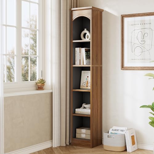 LITTLE TREE 70.9" Tall Bookcase, 5-Tier Open Bookcase with Cubes, Wood Bookshelf with Storage Space, Freestanding Narrow Bookcase for Home Office, Brown, 2 Pack LITTLE TREE