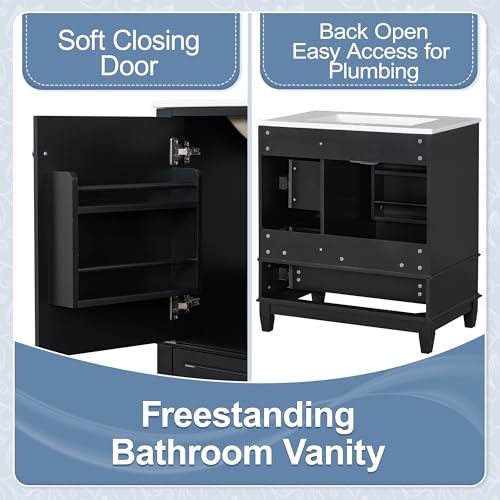 30" Bathroom Vanities with Ceramic Sink, Storage Cabinet with 3 Drawers and Door Shelf, Soft-Closing Door, Solid Wood Legs, Black Merax