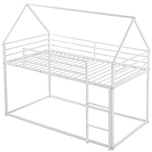 Merax Modern Heavy Metal House Low Bunk Bed Twin Over Twin, Montessori Floor Bunk Bed Frame with Full-Length Guardrail/No Box Spring Needed White Merax