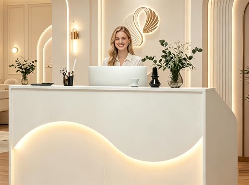 ZIMASYA Modern Reception Desk with Counter,55 Inch Front Desk Reception Counter with LED Lights,Built-in Outlets USB Charging Ports,Lockable Drawers for Office Salon Retail Store White