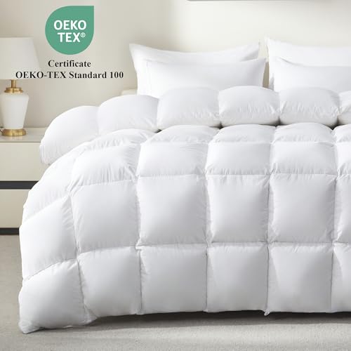Ubauba Goose Feather Down Fiber Comforter Queen Size - All Season White Fluffy Duvet Insert - 750+ Fill Power Luxurious Hotel Bedding Comforter - Soft 100% Cotton Cover, Medium Warmth (90x90 Inch) Ubauba