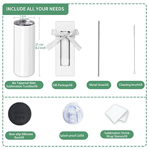 8 Pack Straight Sublimation Tumblers bulk 20 oz Skinny,Stainless Steel Double Wall Insulated Tumbler Cups Blank White with Lid, Straw, Individually Boxed,Polymer Coating for Heat Transfer ZONEGRACE