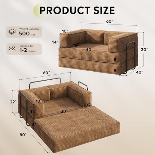 WLIVE 60'' Futon Sofa Bed, Convertible Sleeper Sofa, Folding Pull Out Couch Boneless Mattress with Fixed Frame, Corduroy, Brown WLIVE