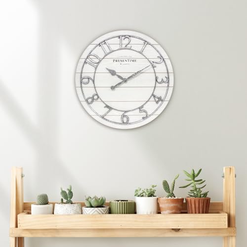 Presentime & Co Classic Farmhouse Shiplap Clock, 19.5 inch, Galvanized Finish Arabic Numerals with White Shiplap Style. Large Farmhouse Decor for Living Room, Entryway, Home Office. Wall Décor Presentime