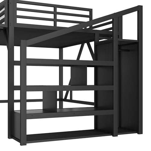 Bellemave Full Loft Beds with Storage Beside Shelves and Wardrobe, Metal Loft Bed with LED Lights and USB Ports, Heavy-Duty Loft Bed Frame for Teens, Adults, Noise-Free & Space-Saving, Black Bellemave