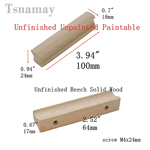 Tsnamay 6Pcs Unfinished Beech Wood Solid Furniture Pulls Handles,Unfinished Unpainted Paintable Wooden Handles Cupboard Closet Drawer Handle Tsnamay
