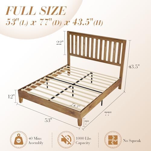 AMERLIFE Full Size Wood Bed Frame, Mid-Century Wooden Platform Bed with Grille Headboard, Wood Slat System/No Box Spring Needed/Noise Free, Natural AMERLIFE