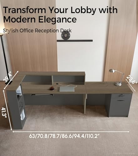 Modern L-Shaped Reception Desk with Counter - 71 Inches Front Desk with Storage Cabinet, Open Shelves, Lockable Drawer & Keyboard Tray for Office, Lobby, Checkout (Tobacco Wood & Iron Gray - Left) Anzhap