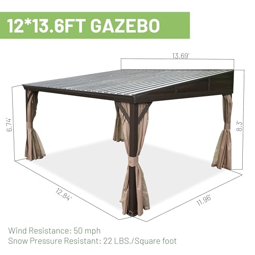 DOMI 12x14FT Lean to Gazebo, Outdoor Hardtop Wall Mounted Gazebo with Sloping Galvanized Steel Roof, Durable Aluminum Frame, Netting Curtain for Deck, Porch, Backyard domi outdoor living