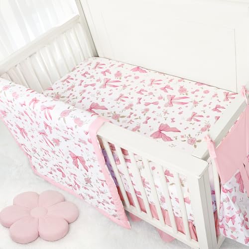 Jundetye Floral Crib Bedding Set for Girls, 4 Pieces Pink Baby Nursery Bedding Set for Standard Size Crib, Including Soft Comforter, Crib Sheet, Ruffled Crib Skirt, Diaper Stacker Jundetye