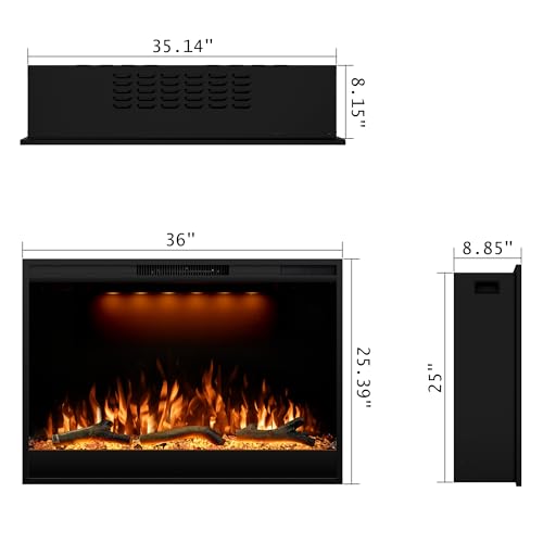 Dreamflame Electric Fireplace Inserts 36inches Wide, Recessed in Wall Fireplace Heater w/Remote Control, 3 Colors Led Top Light& Realistic Flame w/ 5 Brightness, Thermostat, 750W/1500W, Black Dreamflame