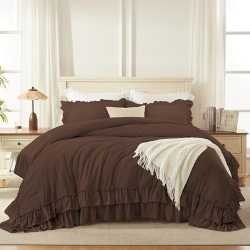 Andency Brown Twin Size Comforter Set, 2 Pieces Lightweight Fluffy Ruffle Bedding Set for Dorm, All Season Soft Farmhouse Shabby Chic Bed Set for Kids, College Dorm (66x90In Comforter)