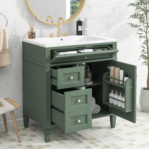 Linique 30" Bathroom Vanity with Sink Combo Set, Solid Wood Frame Modern Bathroom Storage Cabinet with 2 Drawers and a Tip-Out Drawer, Soft Closing Cabinet Door with Organizer, Green Linique