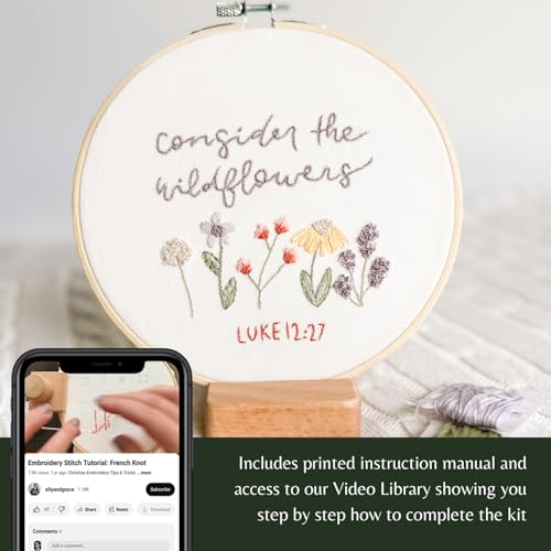 Elly & Grace Christian Embroidery Kit with Embroidery Hoop, Easy Embroidery Kit for Beginners and Adults, Full Embroidery Hoop Kit with Needles and Thread Included (Wildflowers)