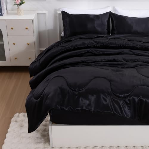 A Nice Night Satin Silky Soft Quilt Luxury Super Soft Microfiber Bedding Comforter Set, Light Weighted (Black, Twin) A Nice Night