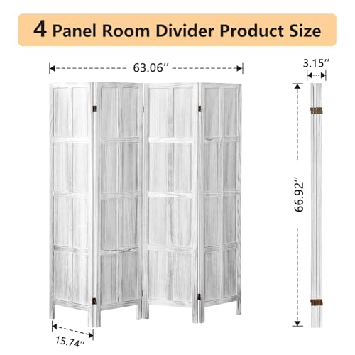 Asnefeli Wood Room Divider 4 Panel, 5.6 FT Tall Room Divider and Folding Privacy Screen, Partition Divider for Room Separation, Wooden Wall Divider Screen for Home Office Bedroom (Retro White) Asnefeli