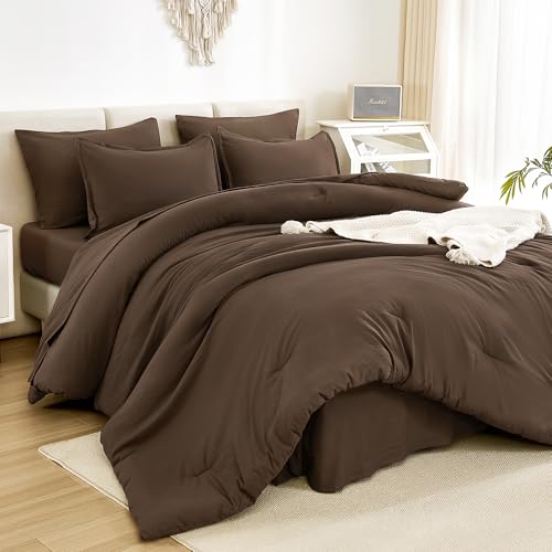 Litanika Queen Comforter Set Brown - 7 Pieces Bed in a Bag Queen Bedding Comforter Sets, Solid Lightweight Bed Set with Comforter, Sheets, Pillowcases & Shams Litanika