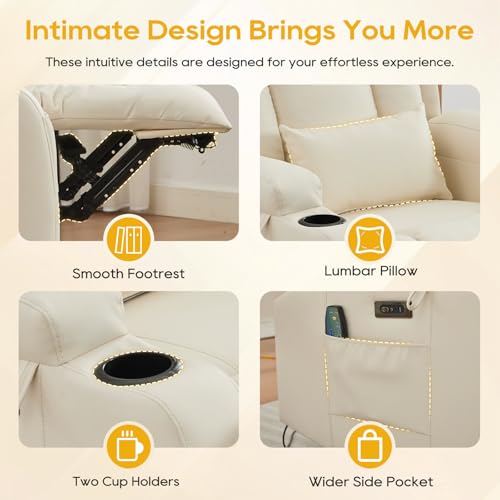 IPKIG Power Recliner Chair for Adults, Wall Hugger RV Recliners with LED Lights/USB Ports/Pillow/Side Pockets, Overstuffed Electric Recliner Sofa Chair for Living Room, Home Theater (1, Creamy White)