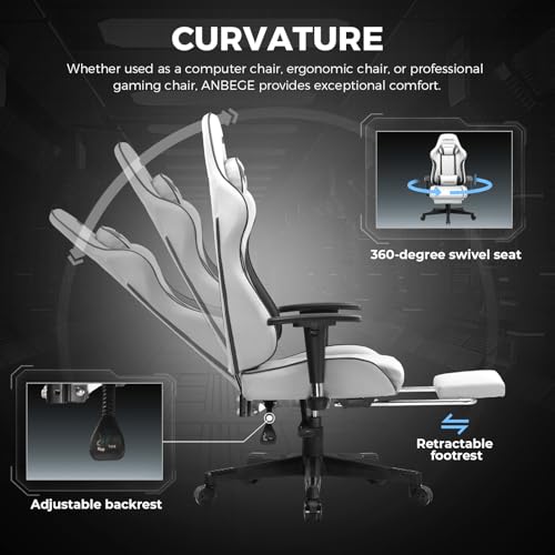 ANBEGE Gaming Chair, Ergonomic Computer Chair with Footrest and Lumbar Support,Office Chair Adjustable PU Leather Racing Executive Swivel Rolling Chair (White) ANBEGE