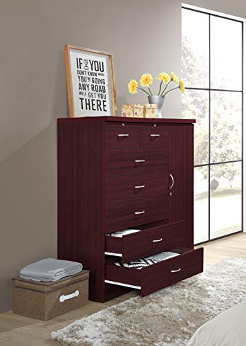Hodedah 7 Drawer Jumbo Chest, Five Large & Two Smaller Drawers with Two Lock, Hanging Rod, and Three Shelves | Mahogany, 17.76" D X 47.24" W X 48.39" H Hodedah