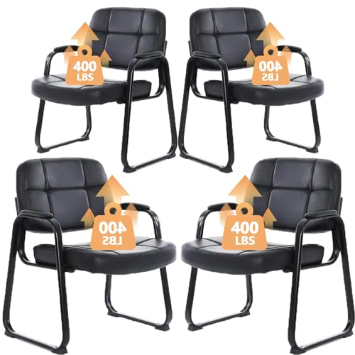 CLATINA Big & Tall Waiting Room Guest Chair Comfortable Reception Chairs with Bonded Leather Padded Arm Rest and Sled Base for Office Reception Lobby and Conference Desk, Black(4 Pack) CLATINA