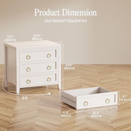 Huuger 23.6 Inch Night Stand with Charger Station and USB-C Port, 3 Drawer Nightstand, Larger Wider Bedside Table, Modern Side End Table, for Bedroom, White Nightstand Huuger