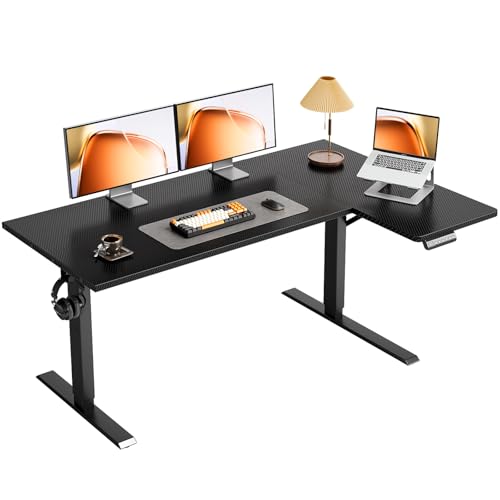 OffiGo Electric L Shaped Standing Desk, 55 Inches Height Adjustable Table, Reversiable Corner Stand Up Desk, Lifting Computer Table for Home Office, Computer Workstation, Carbon Fiber Black OffiGo