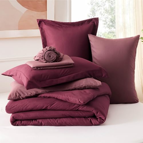 Bedsure Full Size Comforter Set - 7 Pieces Burgundy Full Bedding Set for All Seasons, Boho Contrasting Design Bed in a Bag with Comforter, Sheets, Pillowcases & Shams Bedsure
