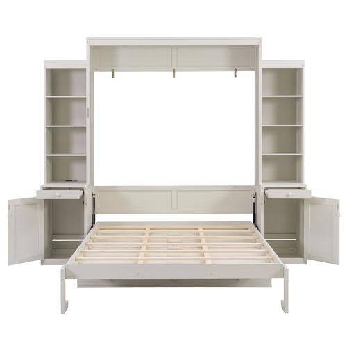 Merax Queen Size Murphy Bed with Desk and LED Lights, Power Outlet, Foldable Murphy Cabinet Bed with Open Storage Shelves & Drawers, Wood Space-Saving Hidden Wall Bed for Guest Room Office, White Merax