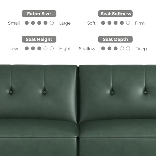 COPIAE 89” Futon Sofa Bed,Futon Couch Bed with 2 Square Pillows,Convertible Sleeper Sofa with Adjustable Backrest& Armrests, Modern Loveseat Sleeper for Living Room, Bedroom,Faux Leather Green COPIAE