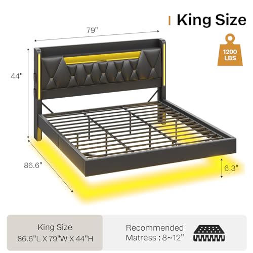 Dnxao King Size Floating Bed Frame with Storage Headboard, Tall 44" Upholstered Platform Bed with Charging Station, Dual-Zone LED Lights, No Box Spring Needed, PU Black Dnxao