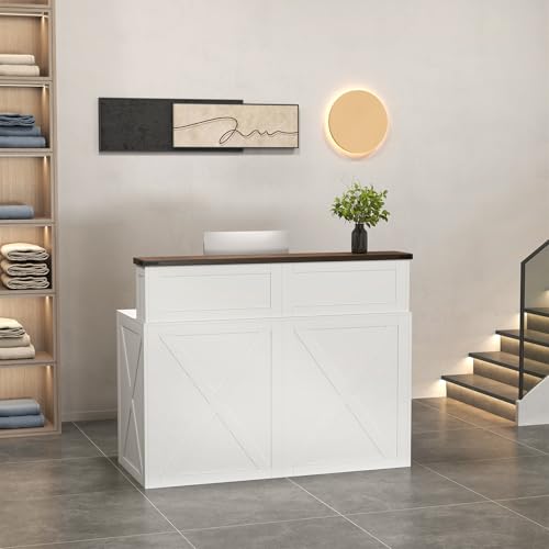 Epecoya Tall Reception Desk with Counter, 47-Inch Modern Front Desks, Unique Barn Door Home Design Office Table Retail Counter for Checkout, Lobby, Beauty Salon, White Epecoya