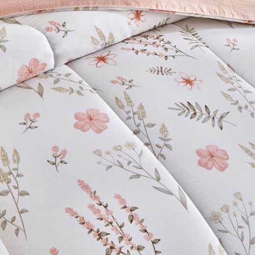 Joyreap 3pcs Floral Cotton Comforter Set for Girls, Pink Flowers n Leaves Botanical Design, Queen Size Soft n Cozy Bedding Comforter Set for All Season- 88x88 inches Joyreap