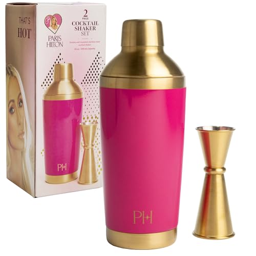 Paris Hilton 2-Piece Cocktail Shaker Set, Double Wall Insulated Stainless Steel Mixer with Built-In Strainer and Double-Sided Jigger, 20-Ounce, Gold and Hot Pink Paris Hilton
