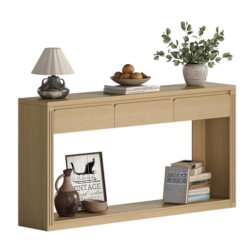 Treocho 63.9" Long Console Tables for Entryway, Farmhouse Entryway Table with Drawers, Narrow Sofa Table Behind Couch Table for Living Room, Entrance, Hallway, Natural Treocho