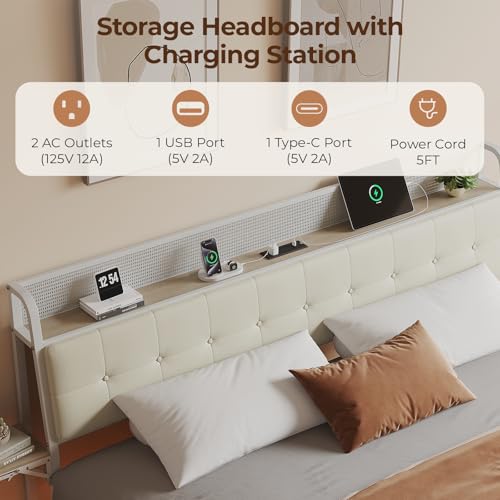 Salamir King Size Bed Frame with LED & Charging Station, Floating Bed Frame, Upholstered Headboard with Folding Shelves Storage, Metal Slats Support, No Box Spring Needed, Easy Assembly, White Salamir
