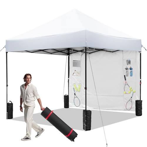 White 10x10 FT Pop Up Canopy Tent with 1 Sidewall, Heavy Duty Canopy for Outdoor, Commercial Instant Gazebos, for Party, Patio, by Kendane. Kendane