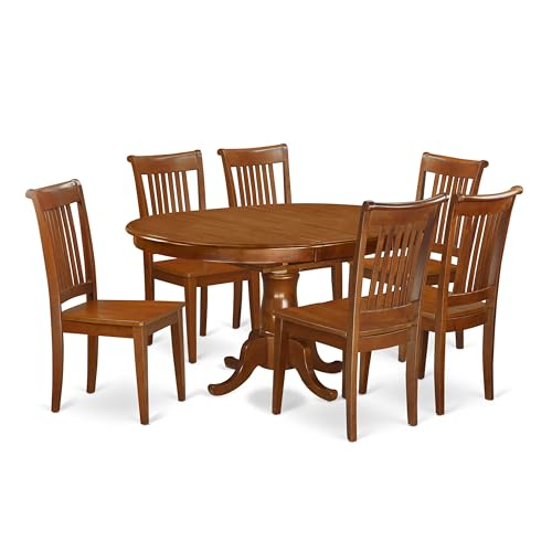 East West Furniture PORT7-SBR-W 7 Piece Dining Room Table Set Consist of an Oval Kitchen Table with Butterfly Leaf and 6 Dining Chairs, 42x60 Inch, Saddle Brown East West Furniture